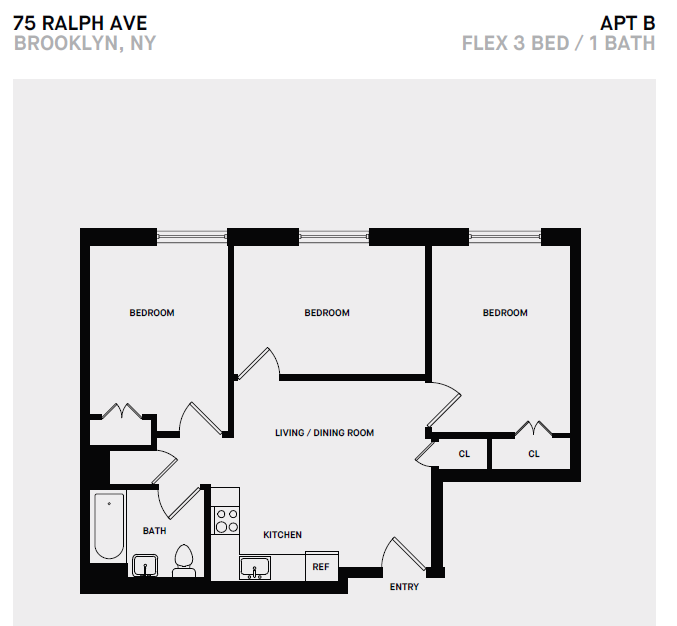 Floor plan for 3 beds, 1 bath, 737 sqft